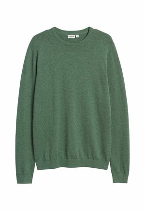 Grüner Langarm-Pullover mit Rundhalsausschnitt, gerippten Bündchen und Saum, flach liegend präsentiert, Größe Medium.