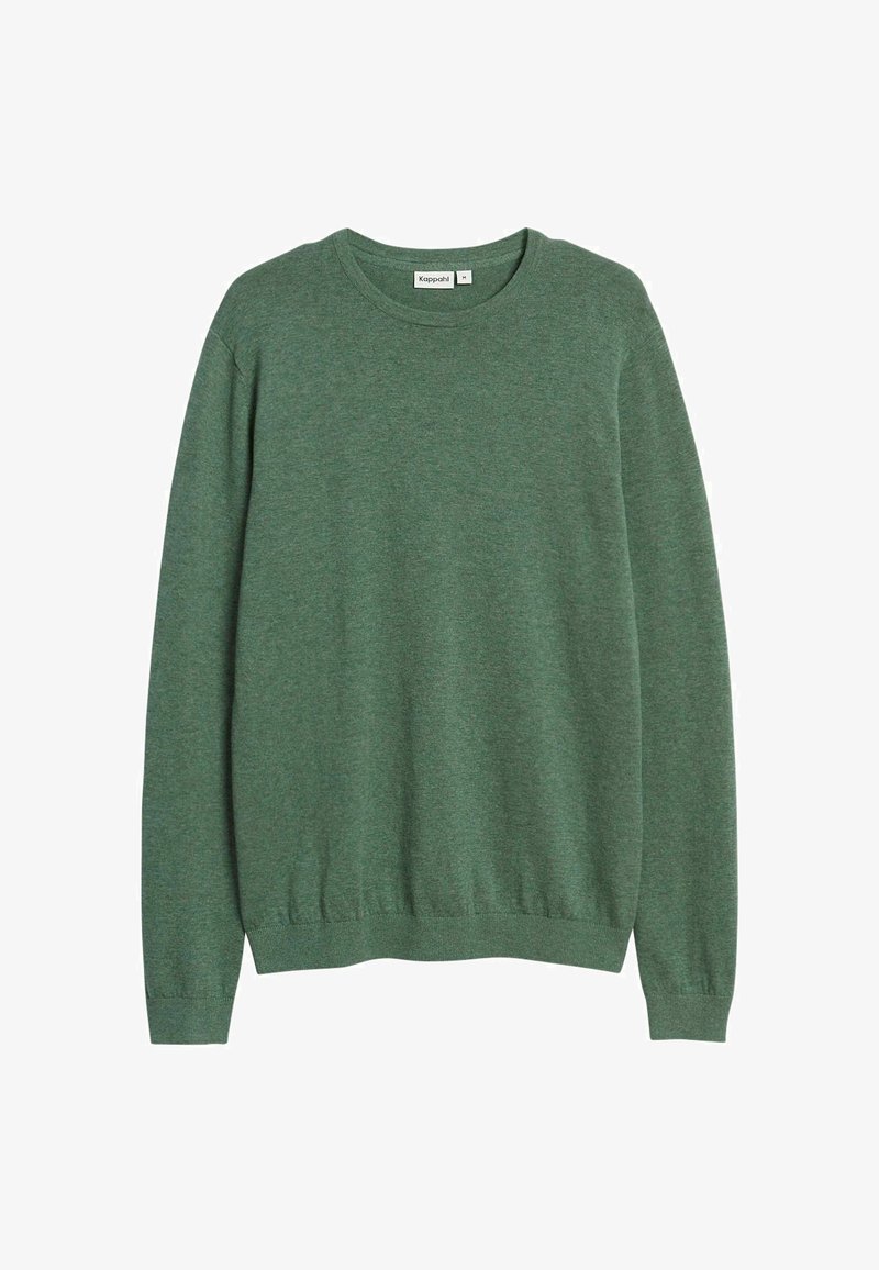 Grüner Langarm-Pullover mit Rundhalsausschnitt, gerippten Bündchen und Saum, flach liegend präsentiert, Größe Medium.