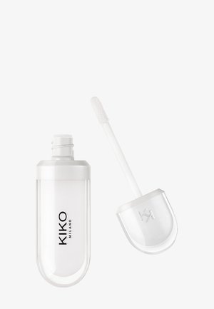 Contenant transparent de gloss à lèvres avec étiquette noire "KIKO MILANO", ouvert avec un applicateur blanc et un bouchon à côté sur fond blanc.