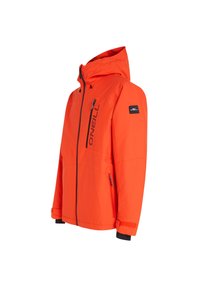 Veste coupe-vent orange vif avec capuche, poches zippées, accents noirs et branding. Fabriquée dans un matériau lisse, possiblement imperméable.