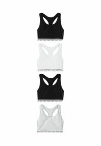 Patru sutiene sport expuse: negru, alb, negru și gri. Fiecare are un design racerback și o bandă elastică cu marcă în partea de jos.