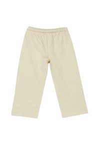 Pantalon en coton beige clair avec une ceinture élastique, coupe droite, sans poches. Texture lisse et design minimaliste.