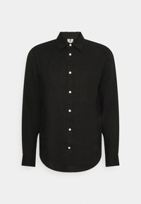 Camicia nera a maniche lunghe con bottoni realizzata in un tessuto leggero, caratterizzata da colletto, tasca frontale e bottoni bianchi. Tessuto liscio con orlo curvo.