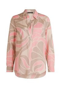 Langärmlige Bluse in hellbeige und sanftem Pink mit einem fließenden, wirbelnden Muster; verfügt über einen Kragen und eine geknöpfte Leiste.