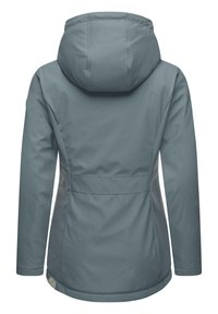 Giacca impermeabile in un verde opaco, con cappuccio, maniche lunghe e un design aderente con dettagli cuciti e tasche laterali.