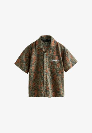 Kurzärmeliges Hemd mit Knopfleiste, grün-orangem Leopardenmuster und einer Brusttasche mit der Aufschrift "ALLSAINTS" in weißer Schrift.