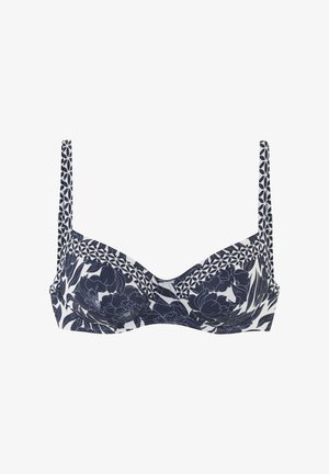 Navy- und weißer BH mit floralem Muster, gepolsterten Cups, verstellbaren Trägern und geometrischen Akzenten entlang des Oberteils. Aus weichem Stoff gefertigt.