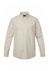 Chemise beige et blanche à rayures, avec un col button-down, des manches longues, une poche avant et des boutons accent jaunes. Matière en coton.