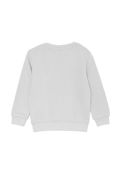 Felpa a maniche lunghe di un grigio chiaro uniforme con polsini e orlo a costine, mostrata da dietro su uno sfondo bianco.