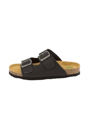 Black slide sandal with two adjustable buckled straps, tan cork footbed, and textured black rubber sole shown from the side.