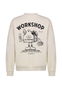 Cream-colored sweatshirt with ribbed cuffs and hem, featuring a large black graphic print of a cartoon handyman with tools and text.