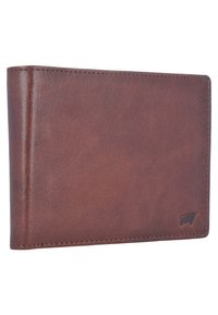 Portafoglio in pelle marrone con una texture liscia, design a doppio ripiegamento e un piccolo logo di toro impresso nell'angolo in basso a destra.