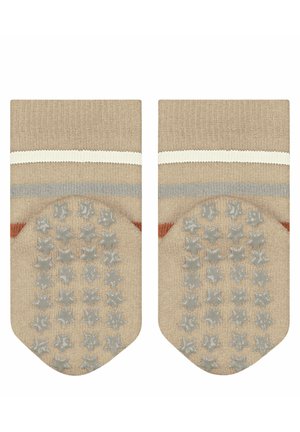 Beige Baumwollsocken mit einem grauen und cremefarbenen gestreiften Bund. Die Unterseite verfügt über sternförmige rutschfeste Silikongriffe für einen besseren Halt.