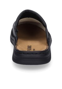 Black slide sandal with a cushioned insole, smooth leather upper, rounded toe, and visible stitching on the edges. Lightweight rubber sole.