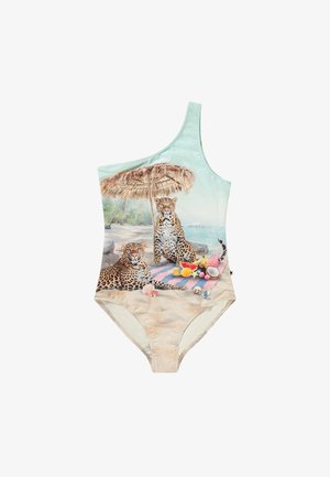 Enodelni kopalni kostim z lahkim modrim ozadjem, grafiko dveh leopardov pod slamnato dežnikom, s plažnimi temami in teksturami.