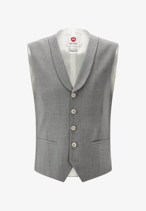 Grau Weste aus strukturiertem Stoff, mit Schalkragen, fünf Knöpfen und zwei seitlichen Taschen. Futterinnenausstattung mit glatter Oberfläche.