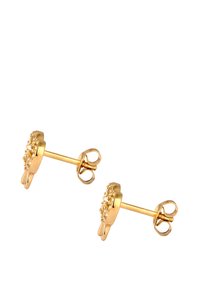 Boucles d'oreilles en or présentant un design circulaire avec des accents texturés et de petites pierres précieuses claires intégrées à la surface.