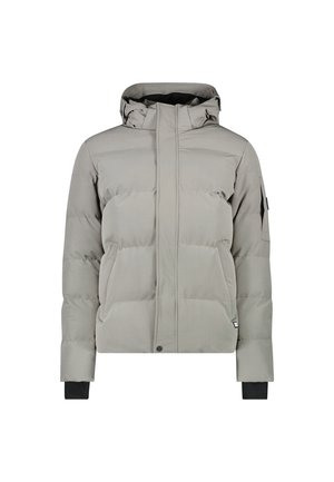 Lichtgrijze gewatteerde jas met capuchon, voorzien van een voorrits, elastische manchetten en een ritssluiting op de mouw. Zachte, doorgestikte textuur.