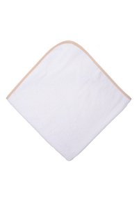 White towel in a diamond shape with a soft, textured surface. Edged with a light beige trim, it exhibits a simple and clean design.