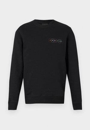 Black sweatshirt made of cotton blend, features a crew neck and long sleeves. Notable colorful circular logo on the chest. Smooth texture.