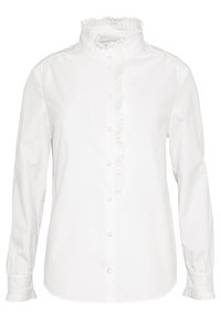 Chemise blanche à boutonnières avec manches longues, col haut froncé et patte de boutonnage sur le devant. Fabriquée en coton, elle présente des fermetures à boutons et des poignets froncés.