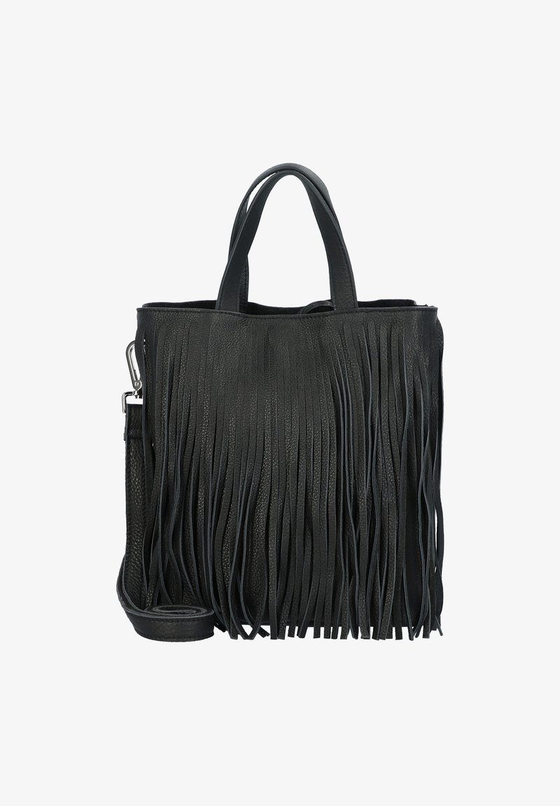 Sac à main en cuir noir avec de longues franges verticales, deux poignées courtes et une bandoulière amovible avec fermoir métallique.