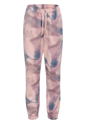 Lyserøde og blå tie-dye fleece joggebukser med elastisk linning, snøre, elastiske ankelmanchetter og et lille sort-hvidt logo på låret.