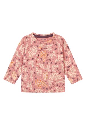 Lange mouwen roze shirt met een natuurthema-print van dieren en planten in crèmekleur, oranje en donkerbruin. Inclusief een decoratieve knoop.