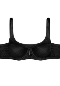 Black lace bra featuring underwire cups, adjustable straps, and a gold heart charm detail at the center. Smooth, textured fabric.