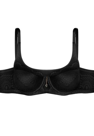 Black lace bra featuring underwire cups, adjustable straps, and a gold heart charm detail at the center. Smooth, textured fabric.