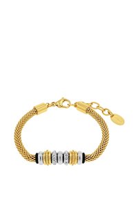 Bracciale in rete dorata con sfere argentate e dorate alternate, dettagli neri e strass trasparenti, chiuso da un gancio a molla.
