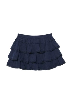 Mini-jupe bleue marine à volants avec taille élastique et bordée de dentelle.