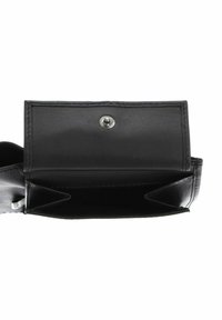 Black leather wallet with a snap closure, featuring two compartments and a smooth texture. Clean design with no visible logos or patterns.