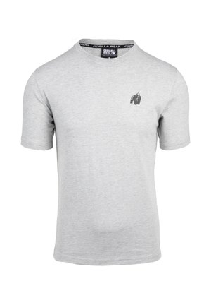 Grijze korte mouwen t-shirt gemaakt van katoen, met een ronde hals en een klein zwart gorilla-logo op de linkerborst. Soepele textuur.