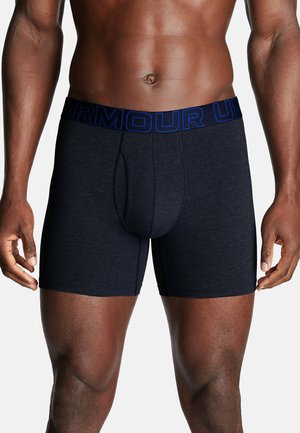 Black boxer briefs with a snug fit, made of soft fabric. Features a wide blue branded elastic waistband and a front opening.