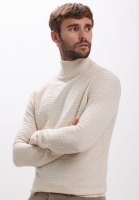 Mann mit hellbraunen Haaren und Bart, der einen strukturierten cremefarbenen Rollkragenpullover trägt, mit verschränkten Armen nach rechts schaut, vor einem schlichten Hintergrund.