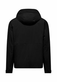 Giacca nera con cappuccio, dalla texture liscia e con zip frontale. Presenta un design semplice, maniche lunghe e un'orlo leggermente accorciato sul retro.