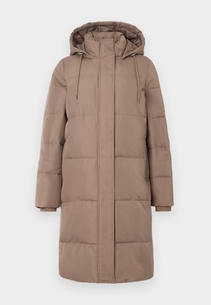 Puffer coat in light brown fabric, featuring a hood, front zip closure, ribbed cuffs, and quilted square pattern.