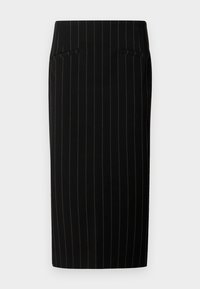 Svart blyantskjørt med smale vertikale striper, med to frontlommer og en glatt tekstur. Designet er kroppsnært og knelengde.