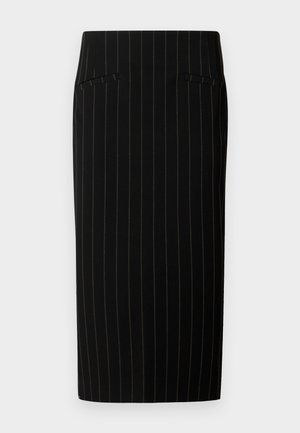 Melnā zīmuļu svārku ar šaurām vertikālām svītrām, kas aprīkoti ar divām priekšējām kabatām un gludu tekstūru. Dizains ir pieguļošs un līdz ceļgaliem.