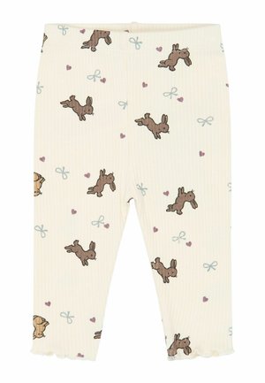 Babyleggings in Cremefarbe mit braunem Hasen, lila Herz und blauem Schleifenmuster, mit gerippter Textur und gerafftem Beinabschluss.