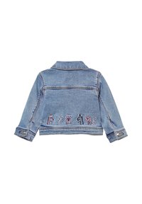 Jeansjacke in Hellblau mit gestickten Blumen- und Tiermotiven auf dem Rücken. Verfügt über einen Kragen und gepolsterte Manschetten mit silbernen Beschlägen.
