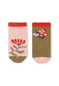Colorful socks with a pink section featuring a red flower design and a green section depicting a blue and red ladybug. Ribbed red cuffs.