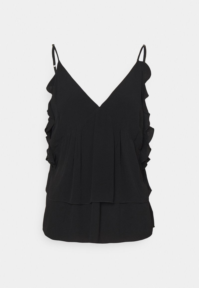 Černý bezramínkový top s výstřihem do V, zdobený volánky po stranách a vícevrstvým designem, vyrobený z lehkého materiálu.