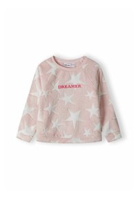 Sweatshirt en polaire rose avec un motif d'étoiles blanches, comprenant un col côtelé et le mot "DREAMER" brodé en rose sur le devant. Manches longues.