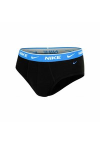 Culottes negros para hombres con una banda elástica azul que presenta logotipos y símbolos de la marca Nike en blanco, con costuras contorneadas visibles en la parte delantera.