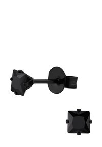 Orecchini a perno neri con pietre quadrate di colore nero, montati su un elegante supporto in metallo nero, dotati di incastonature a pinza e un sistema di chiusura sicuro.