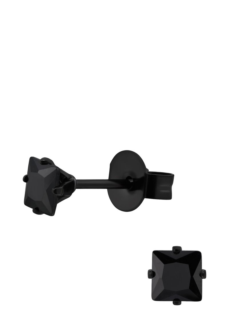 Orecchini a perno neri con pietre quadrate di colore nero, montati su un elegante supporto in metallo nero, dotati di incastonature a pinza e un sistema di chiusura sicuro.