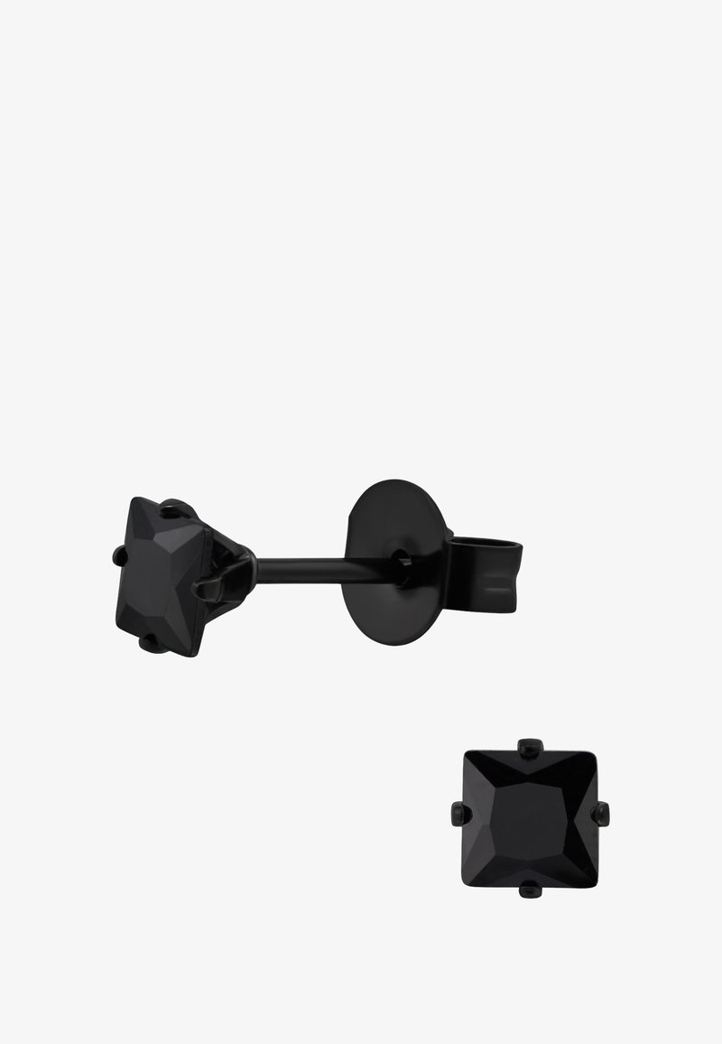 Orecchini a perno neri con pietre quadrate di colore nero, montati su un elegante supporto in metallo nero, dotati di incastonature a pinza e un sistema di chiusura sicuro.