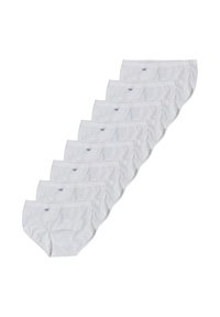 Slip in cotone bianco in confezione da dieci, con una texture liscia, cintura elastica e un piccolo logo blu nella parte anteriore.